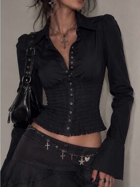 Vintage Bebe Black Smocked Blouse Dark Victorian Corporate Goth Office Siren Y2K